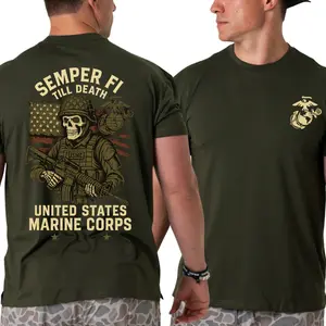 U.S. Marines T-Shirt, Semper Fi Till Death Skeleton Marine with Rifle and American Flag Graphic 2 Sides, Patriotic Military Tee with USMC Logo for Veterans, Brotherhood and Freedom Supporters for Men & Women, Streetwear, Graphic Tee
