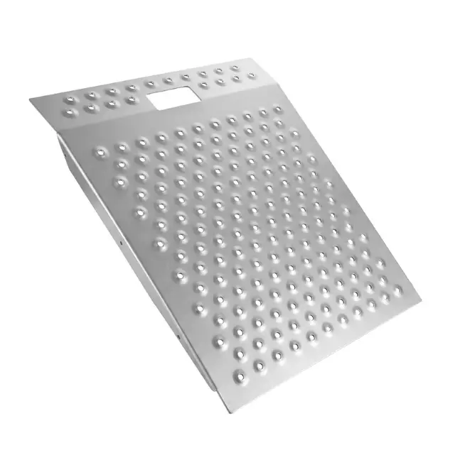 Heavy Duty Outdoor Shed Ramp, 29" x 24" Single Piece Threshold Ramp with 1500 lbs Capacity, Anti-Slip Punched Steel Loading Ramp with Handle for Riding Lawn Mowers, ATVs, Wheelchairs, Garages, Barns, Silver