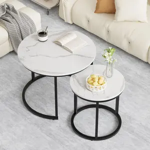 Nesting Coffee Table Set of 2 – 23.6'' Round Wood or Marble Top, Adjustable Non-Slip Feet, Industrial Side Tables for Living Room or Bedroom