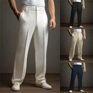 Men's Formal Business Solid Color Waffle Texture Slant Front Pocket Straight Leg Casual Vacation Fashion Trousers
