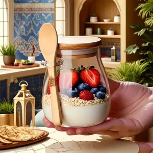 Glass Food Storage Container 500ML/17oz with Lid and Spoon, Oatmeal Glass Jar, Meal Prep Container, Preserving Containers, for Kitchen Cereal Sugar Tea Beans