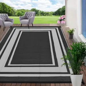 Rug 9x12 Waterproof for Clearance,Large Straw Mat for Camping,Porch,RV,Reversible,Black and White