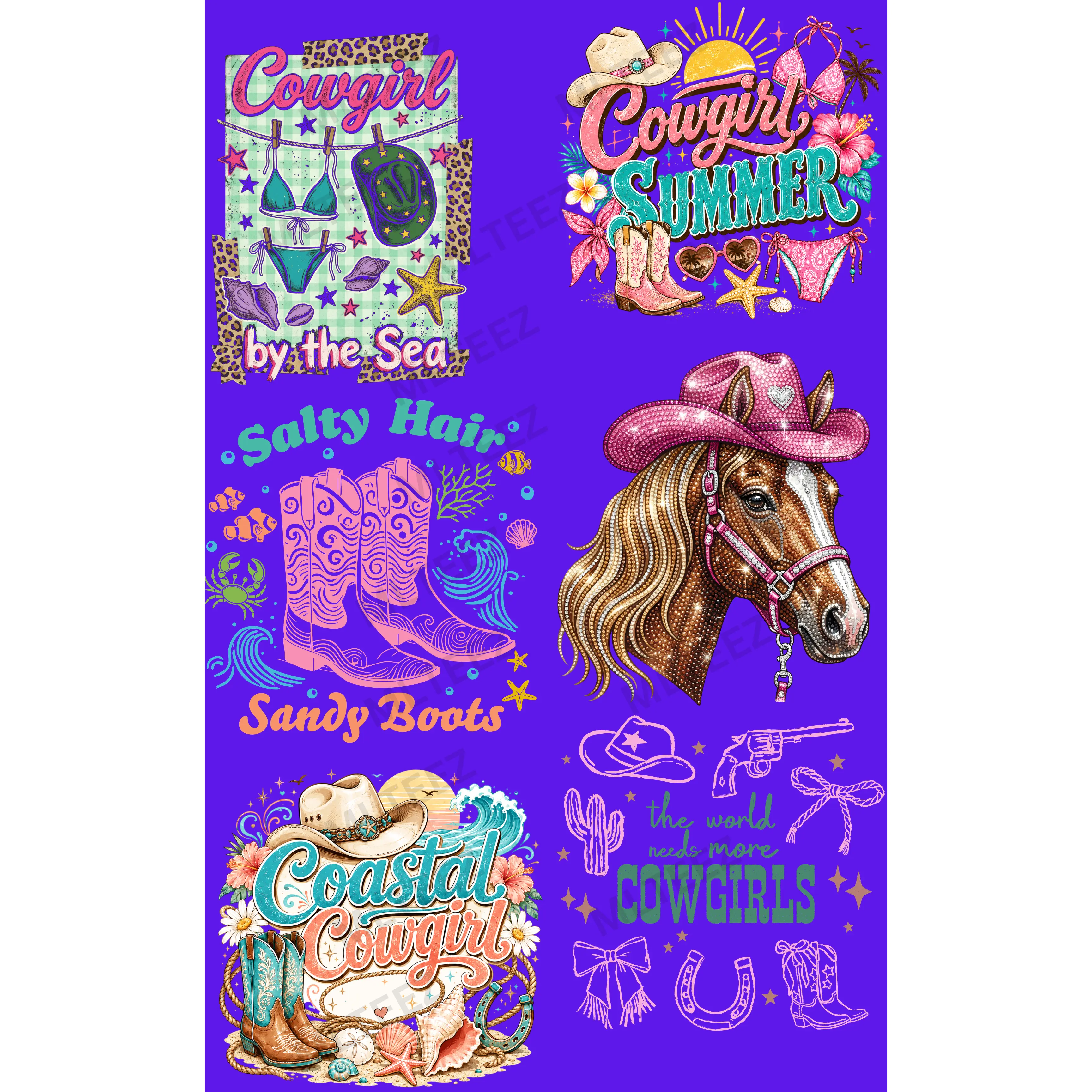 COWGIRL BY THE SEA (1) PREMADE GANGSHEET - 22X36 DTF TRANSFERS - DIRECT TO FILM