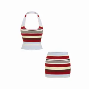 Cider Knit Halter Neck Striped Tank Top & Low Rise Mini Skirt Set SwimWeek