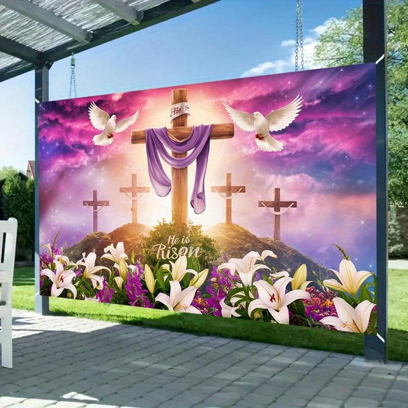 Modern Farmhouse 1pc Easter Celebration Amber Glow Polyester Banner - Vibrant "He Is Risen" Cross Design with Lilies, Doves & Stars, Perfect for Home, Room, Wall, and Party Decorations