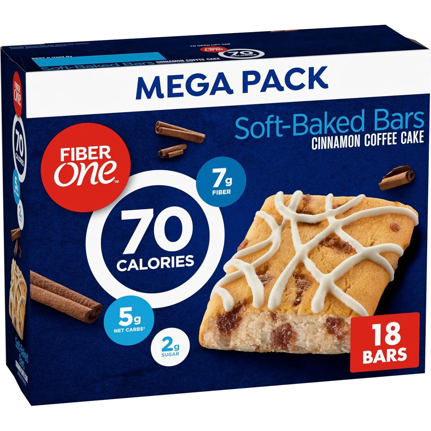 Fiber 1 70-Calorie Soft Baked Bars - Cinnamon Coffee Cake Flavor, Mega Pack, 18 Ct, 16 oz