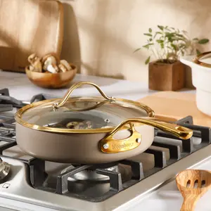 10 Inch Sauté Pan with Lid - PFAS-Free Ceramic Nonstick Aluminum - Cappuccino Cream with Gold Handles