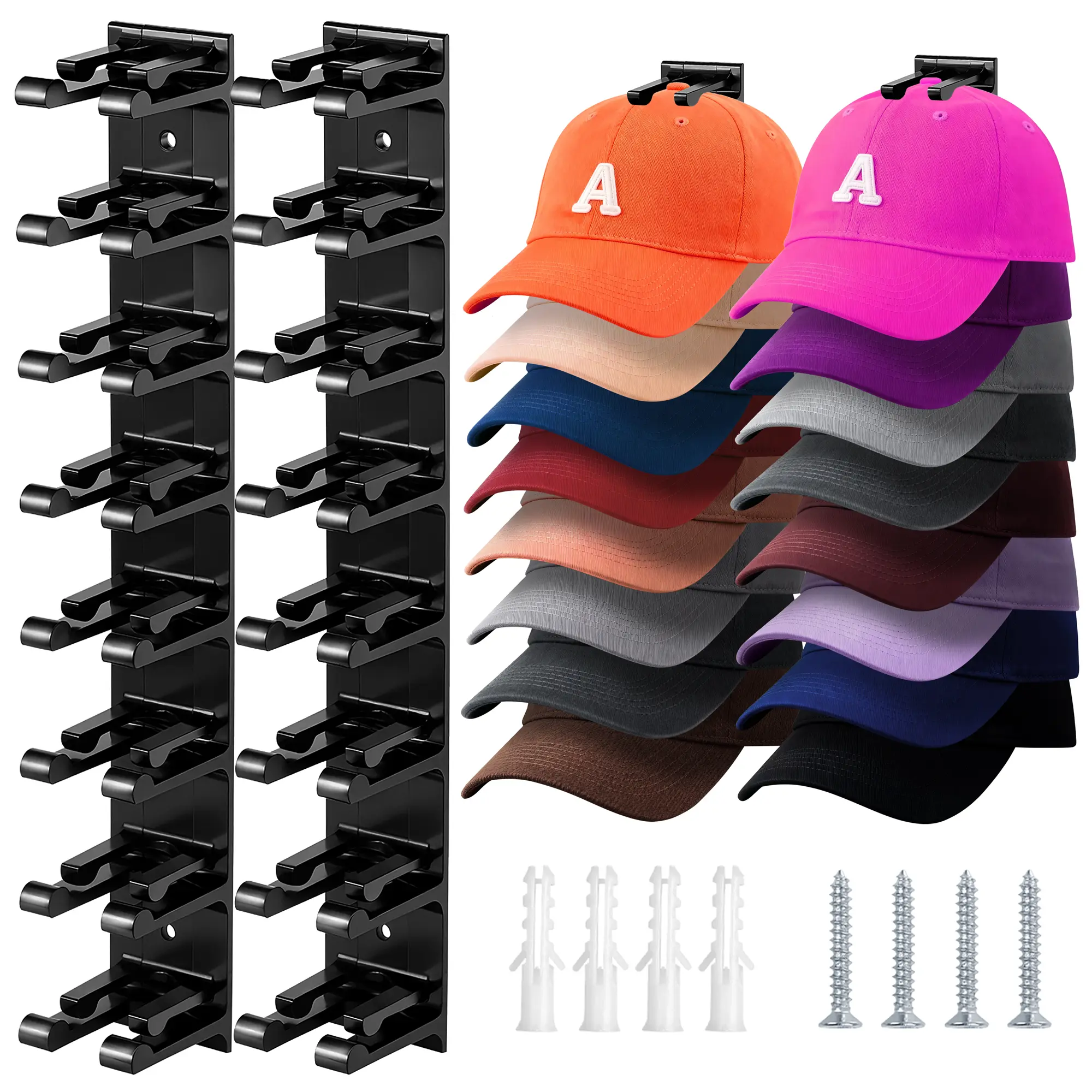 2 pack Hat Organizer Wall Mounted for Baseball Cap, Hat Rack Black or White Wall Mounted Holds up to 18 Hats for Wall Closet Door  Bedroom  with Strong Adhesive or Nail Two mounting Option Hat Hanger Cap Multilayer Holder Hat For men cap rack