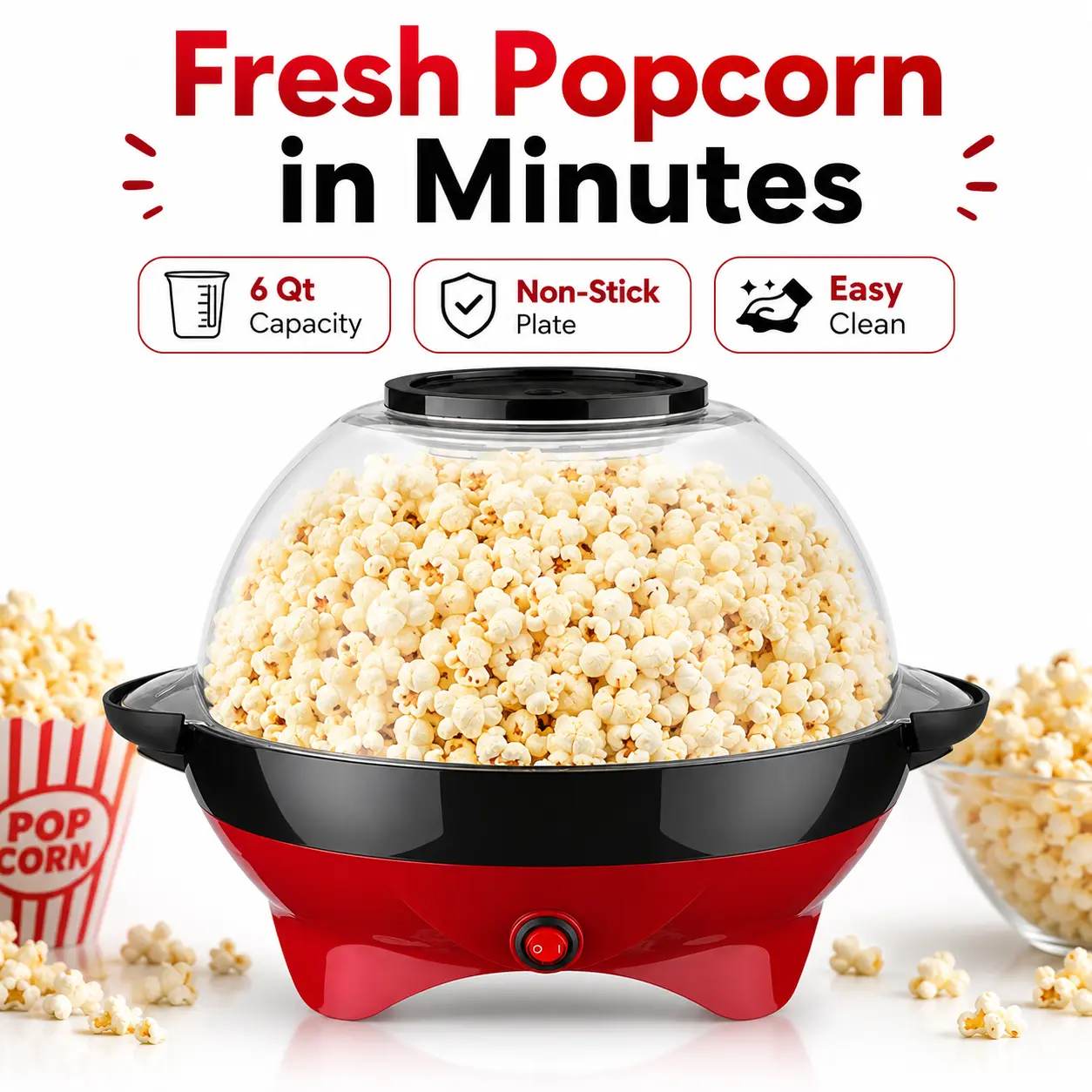 TLGREEN 6 Quart Popcorn Machine, Stir Crazy Popcorn Popper Machine, Electric Hot Oil Popcorn Maker Machine, with Nonstick Plate & Stirring Rod, Large Lid for Serving Bowl.(restaurant equipment machines，kitchen appliances，food machines) Popcorn Maker Pan