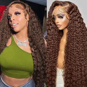 13x6 Deep Wave Lace Front Wigs Human Hair Chocolate Brown 180 Density HD Lace Front Wigs Human Hair Curly Wig Pre Plucked Human Hair  Frontal Wigs