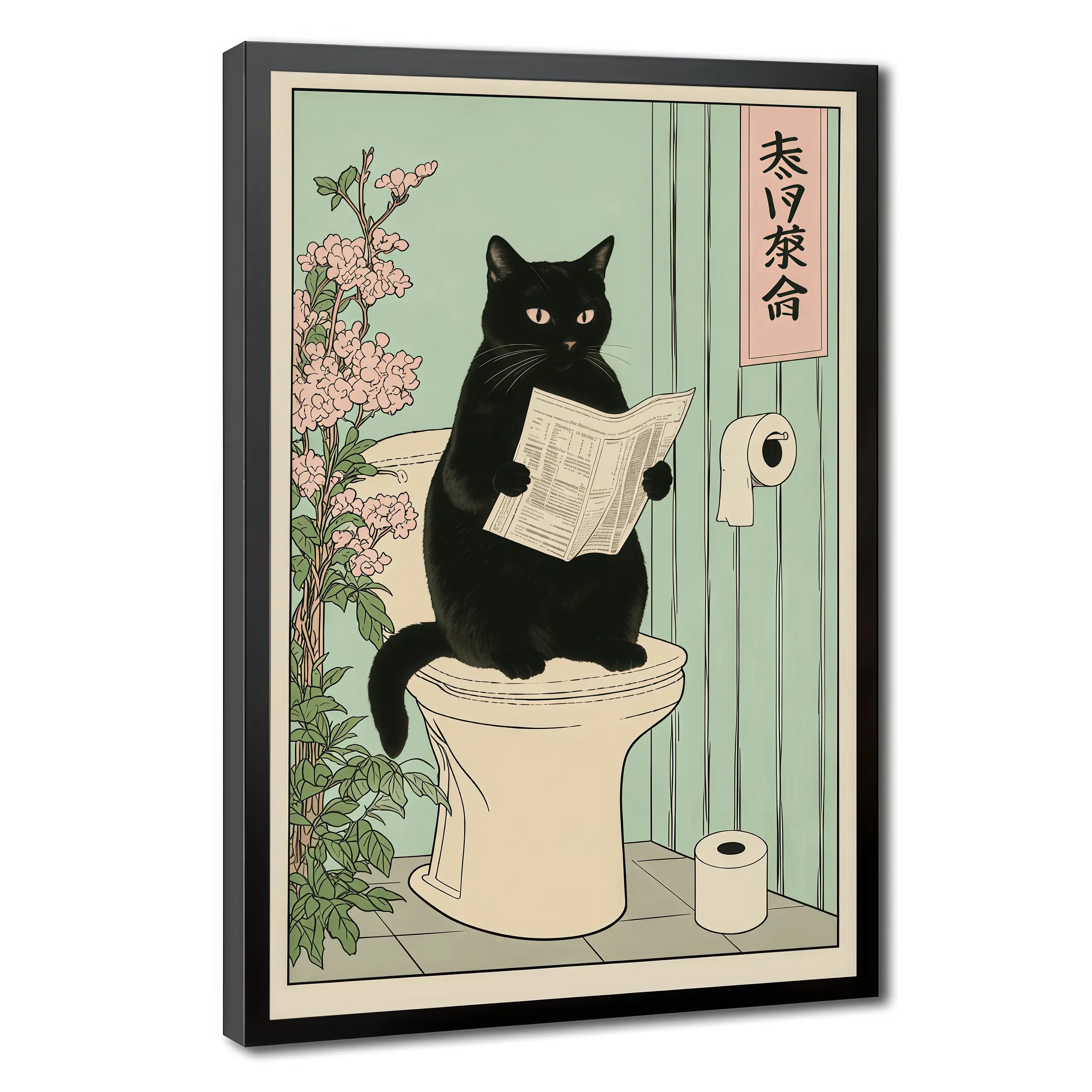 Japanese Black Cat on A Toilet Poster, Funny Bathroom Print, Toilet Poster, Japan Cat Wall Art, Aesthetic Minimalism, Neutral Japandi Print,wall art