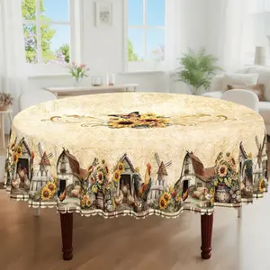 1pc, Spring Summer Themed Party Tablecloth, Buffalo Check Rooster Chick Sunflower Country Farmhouse Style Printed Design, Rectangular/Round/Oval Table Cloth, Picnic Table Cover, Embossed Edges, Suitable For Picnic Dinner Kitchen Dining Room Decoration