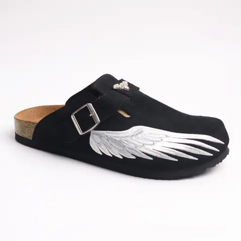 MEN'S Mule Shoes, Slip On Mules, Streetwear Mules, slip-on shoe Cowhide Leather Upper, Embroidered Design Textured Design clogs shoes, Casual Style, Rubber Sole, Spring & Fall Footwear