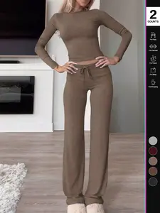 2026 Two Pieces Fall Women Clothes Y2K Sporty Casual Home Solid Color Fitted Long-Sleeved T-Shirt And Long Pants Set