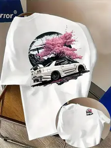Men'S Racing Pattern T-Shirt - Lightweight Breathable Tee Designed for Car Enthusiasts, Casual Shirt with Front And Back Heat Transfer Prints, Machine Washable Daily Streetwear for Racing Events And Casual Attire, Car T-Shirt, Street Style Fashion