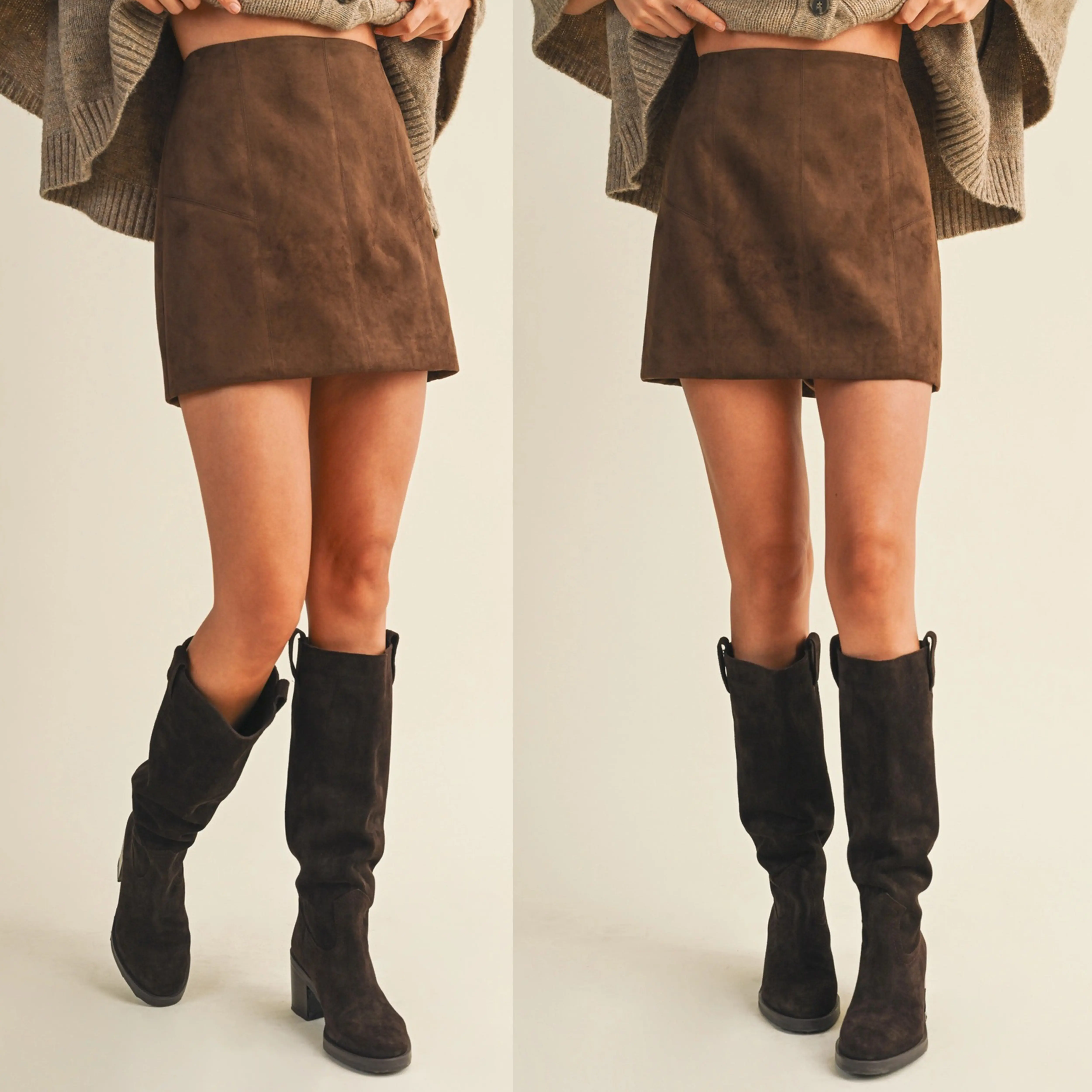 Sandy Fitted Suede Mini Skirt | Women's Chocolate Brown Fitted Above the Knee Bottoms | All Seasons | Basic