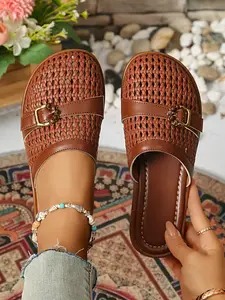 Women's Mesh Open-Toe Slip On Mules, Breathable Summer Sandals, Vintage Metal Buckle, Casual PU Leather Slippers, Comfortable Rubber Sole
