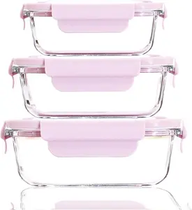 Aurixx Pink Glass Food Storage Containers with Airtight Vented Lids – 3 Piece Set – Leakproof, BPA free, Microwave, Dishwasher, Oven and Freezer Safe
