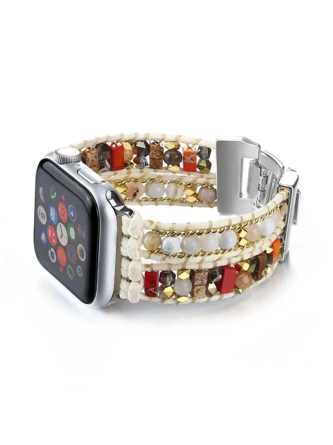 Boho Stone Watch Band for Apple Watch, Handmade Woven Metal Strap, Compatible with Series Se-1, Rose, 40mm/41mm/38mm, Smart Watch Straps, Smartwatch Accessories