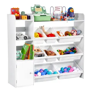 VEVOR Kids Toy Storage and Bookshelf, 4-Tier Large Toy Storage Organizer with 8 Flexible Plastic Bins, Kids Cubby Cabinet with Bookshelf for Study Room, Bedroom, Playroom, Classroom, Nursery, White