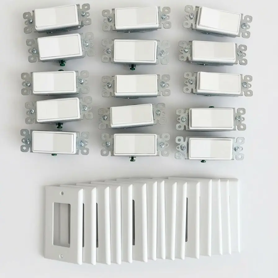 15 Pack Rocker Light Switch with Wall Plate, Single Pole 15A Modern Decorator Switch, Easy Install Home Upgrade