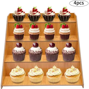 4 Pcs 4-Tier Retail Display Rack Rustic Retail Display Stands Staged Tabletop Display Rack Cupcake Dessert Stand Holder Step Storage Organizer Shelf for Shop Store, Wood Color