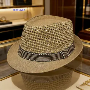 Unisex Lightweight Straw Panama Outdoor Sun Hat - Breathable Mesh, Drawstring Design, Casual Outdoor, Structured, Ideal for Beach, Travel (Spring/Summer Wear), Casual Outdoor Hat