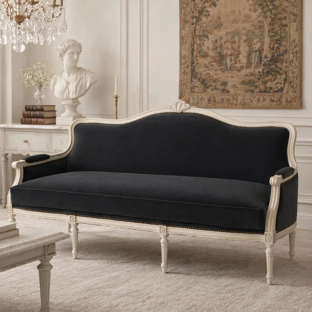 The Deauville Indoor Sofa, Charcoal Velvet, 19in H-Seat, 84in L x 30in D x 38in H-Back, 19 Inches (H-Seat), 84 Inches (L) X 30 Inches (D) X 38 Inches (H-Back)