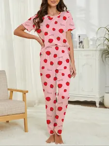 Strawberry Letter Print Women's Pajama Set, Stylish Party Sleepwear with Short Sleeve Top and Loose Elastic Pants, Casual Everyday Loungewear for All Seasons