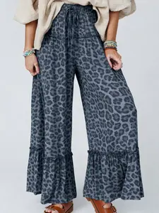 Women's Cute Chic Animal Print High-Waisted Drawstring Elastic Waist Polyester Wide Leg Pants, Casual Loose Boho Lounge Pants with Ruffle Hem (Pair with Tee)