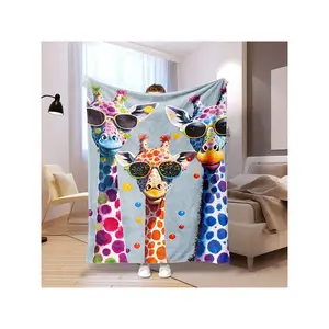 Vibrant Giraffe Trio with Sunglasses Soft Flannel Throw Blanket for Cozy Home Comfort
