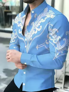 Men's Blue Printed Long Sleeve Shirt, Fashion Trendy Fitted Business Casual Top, Spring & Fall Wear, All over Print Design
