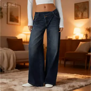 Flex Asymmetric Low Rise Zipper Pockets Baggy Wide Leg Washed Casual Jeans