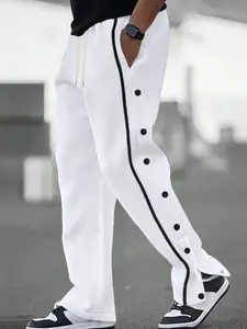 Men's Casual Loose Fit Sporty Straight Leg Drawstring Button Pants, Fall New Wide Leg Long Trousers, Large Size Comfortable Clothing, Athleisure Style Bottoms