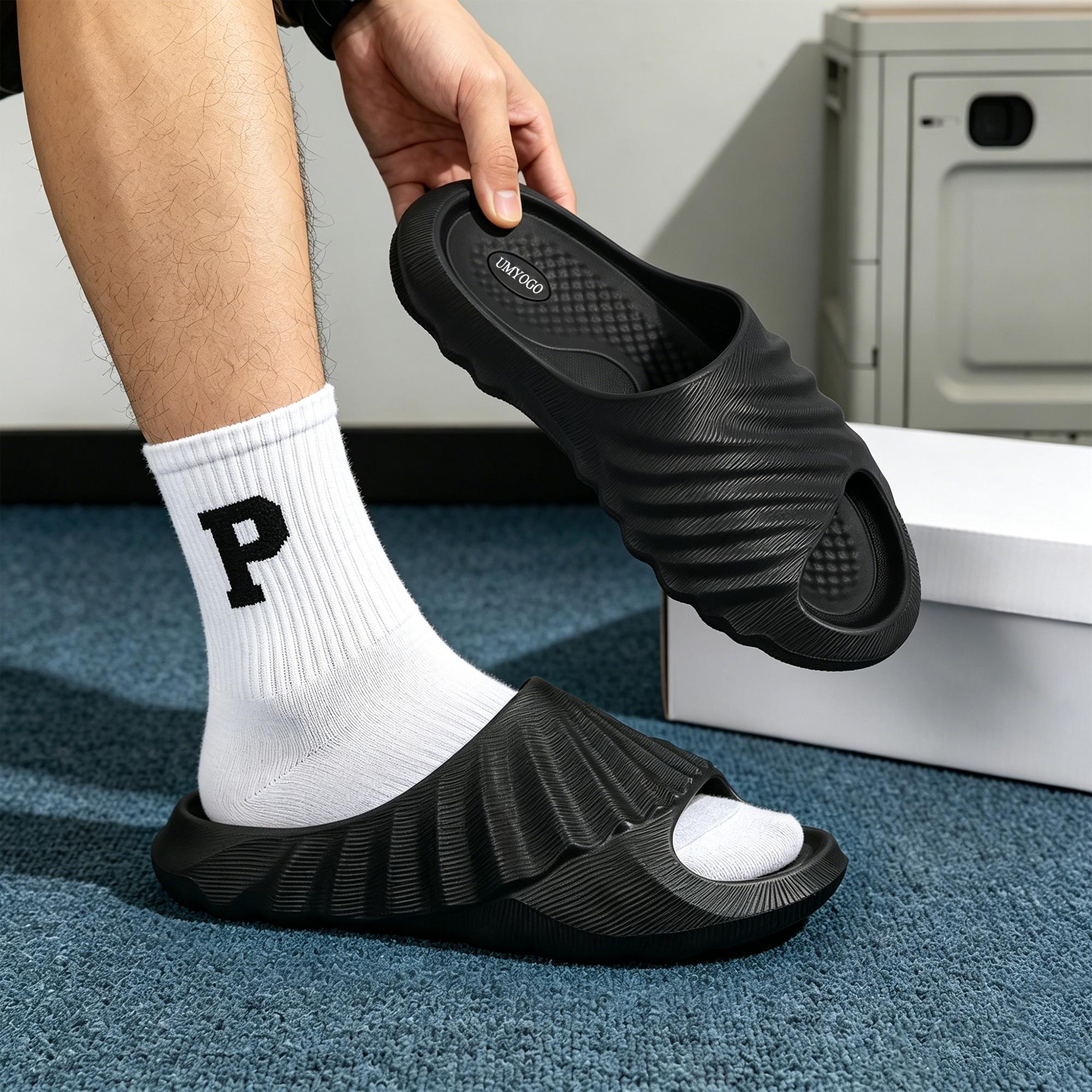 Men’s Thick-Sole Cloud Cushion Recovery Slides Non-Slip Massage Footbed Slippers for Indoor, Outdoor Gym Use