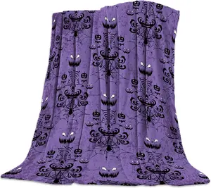 Funy Decor Halloween Haunted Mansion Blankets Purple Super Soft Warm Cozy Flannel Throw Blanket Bed Grinning Ghosts Design Decorative for Sofa Couch Chair Living Bedroom 40 x 50 Inches