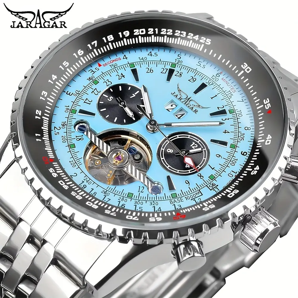 JARAGAR Fashion Men's Automatic Mechanical Watch Tourbillon Date Display Multi-Functional Blue Dial Design Stainless Steel Band Round Dial Casual Business Wristwatches Ideal Gifts expensive watch For Man trendy all-match watch