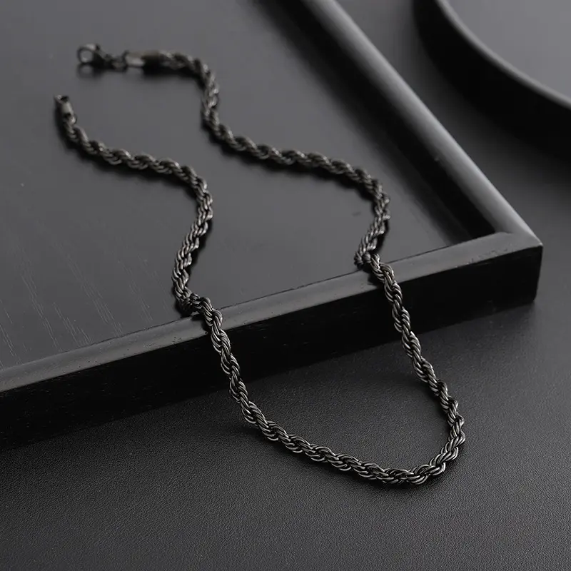 Matte Black Twisted Rope Chain Necklace Durable Stainless Steel Minimalist Streetwear Jewelry for Men and Gender Neutral Everyday Wear Funny Pig Pendant Personalized Valentine's Day Titanium Zircon Eye Photo Versatile name Music Guitar Pick locket Cross