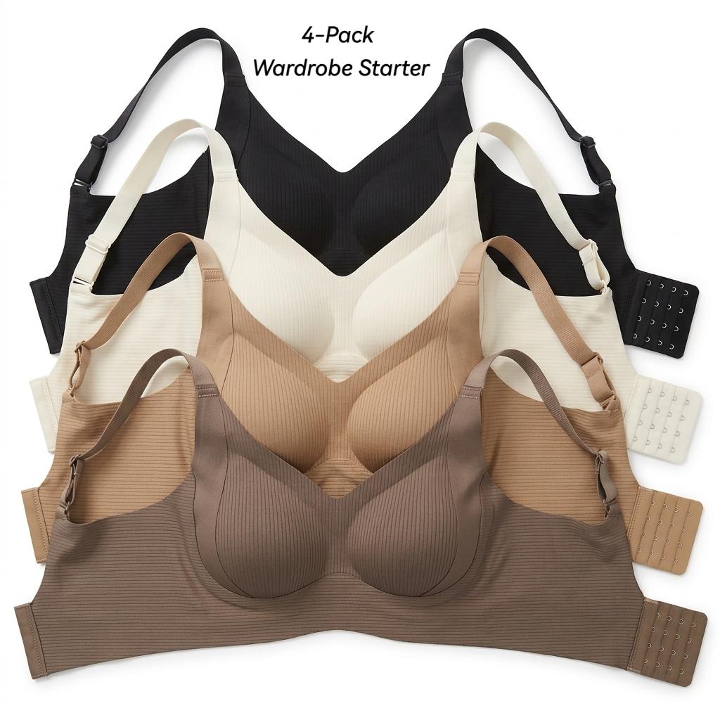 4PCS Solid Seamless Ribbed Push Up Bras, Wirefree Jelly Full Coverage Comfort Everyday Bralette, Plus Size Ultimate Lift Cool Sleep Bra No Padded Underwire