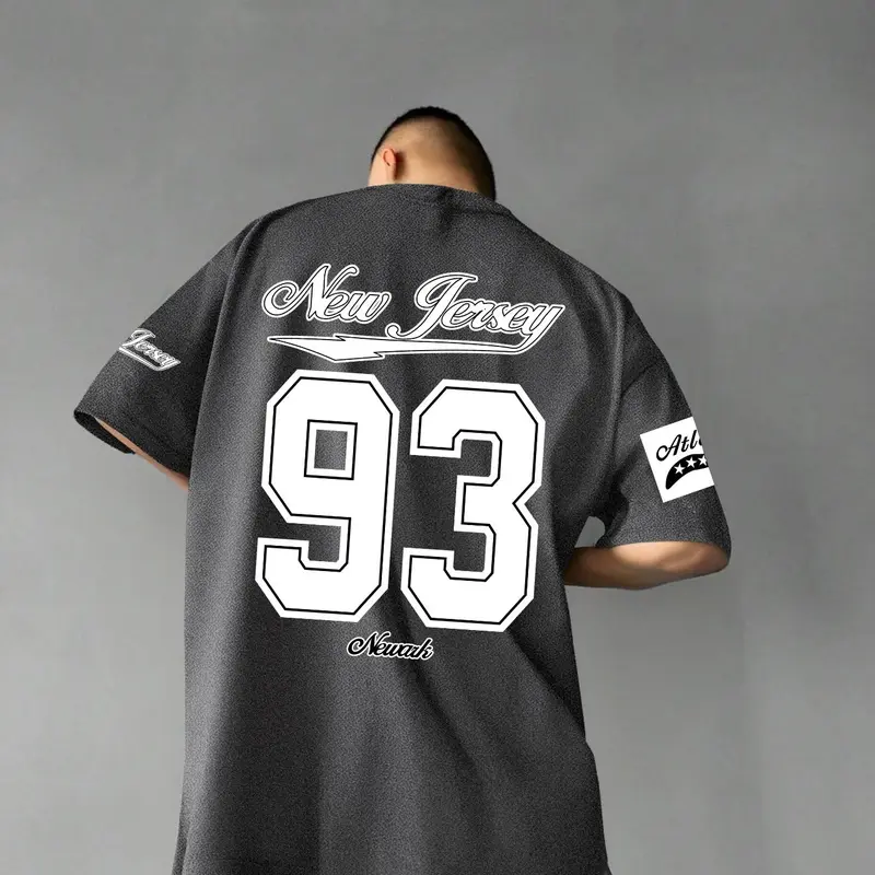 Men's Loose Letter & Figure Print Drop Shoulder Jersey Tee, Casual Short Sleeve Round Neck T-shirt for Summer, Summer Outfits 2024, Fashion Men's Streetwear Top for Daily Wear, Menswear