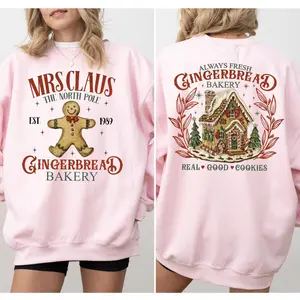 Mrs. Claus Gingerbread House Christmas Sweatshirt Vintage Inspired DTG Printed Unisex Fit Soft Cotton Poly Blend Crewneck Long Sleeve Matching Holiday Pullover