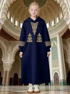 Girls' Hooded Baroque Embroidered Abaya, Dark Blue Muslim Children Prayer Robe, Middle Eastern Traditional Long Gown