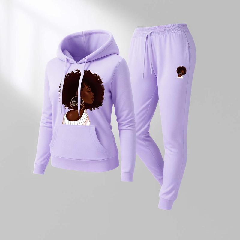 Women's Black Woman In Profile  Print Hoodie And Drawstring Track Pants Set, Casual Sportswear, Long-Sleeved Hooded Jacket And Pants, Suitable For Autumn And Winter, Everyday Wear, Indoor And Outdoor Sportswear, Casual Sportswear.