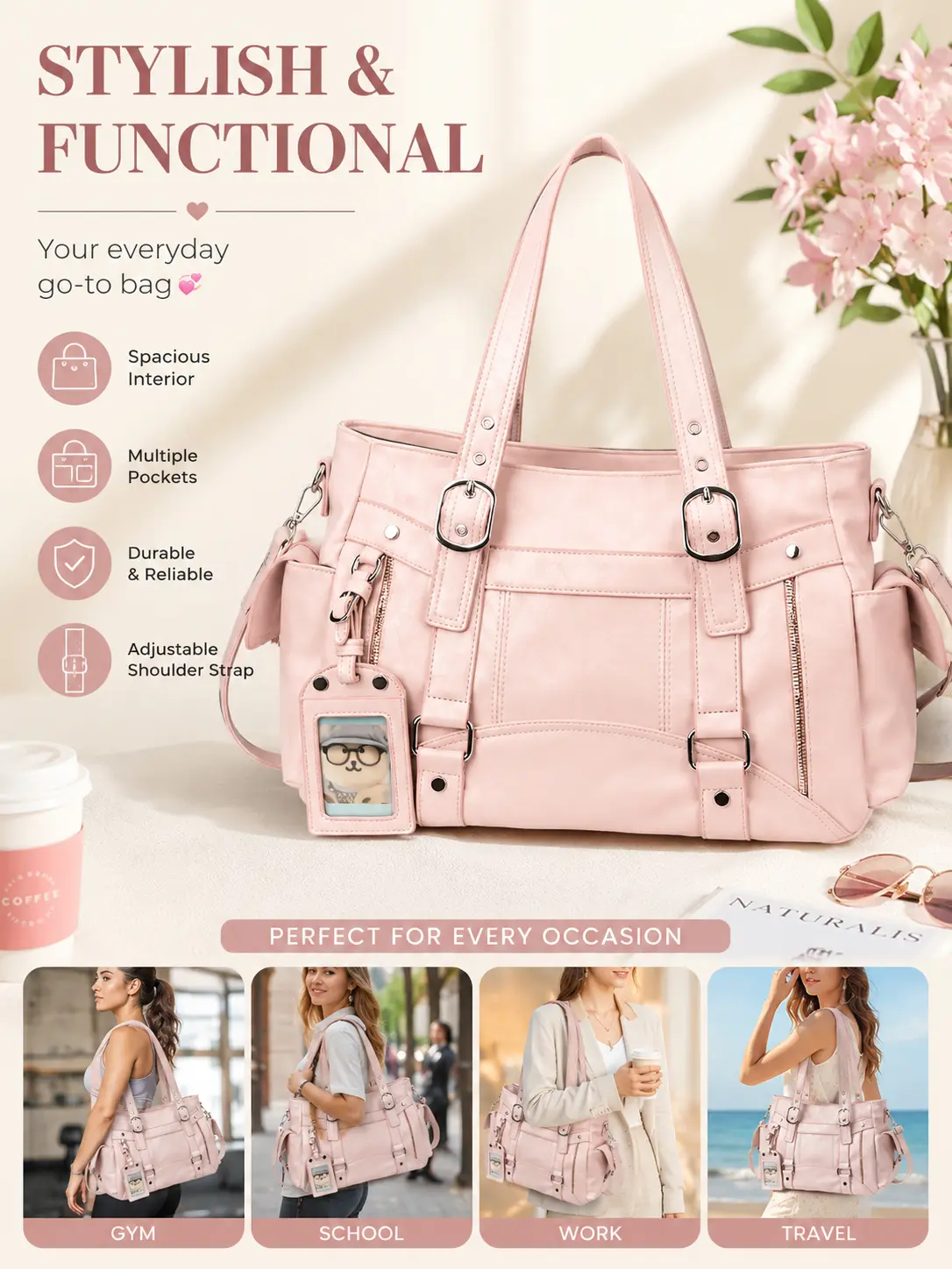 Women's Aesthetic Multi-Pocket Vegan Leather Shoulder Bag - Buckle Strap Detail, Large Capacity, Fashionable Patterned Tote for Work & School, Everyday Bag, Bags For Women Bucket Bag Personal Item Bag