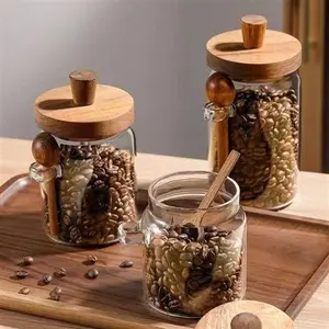 Coffee Bean Storage Jars with Wooden Lids and Spoons 13.5 oz 20.3 oz  High Borosilicate Glass Moisture Proof Spice Jars for Kitchen Grains and Dry Food Storage Lidded Sugar reusable