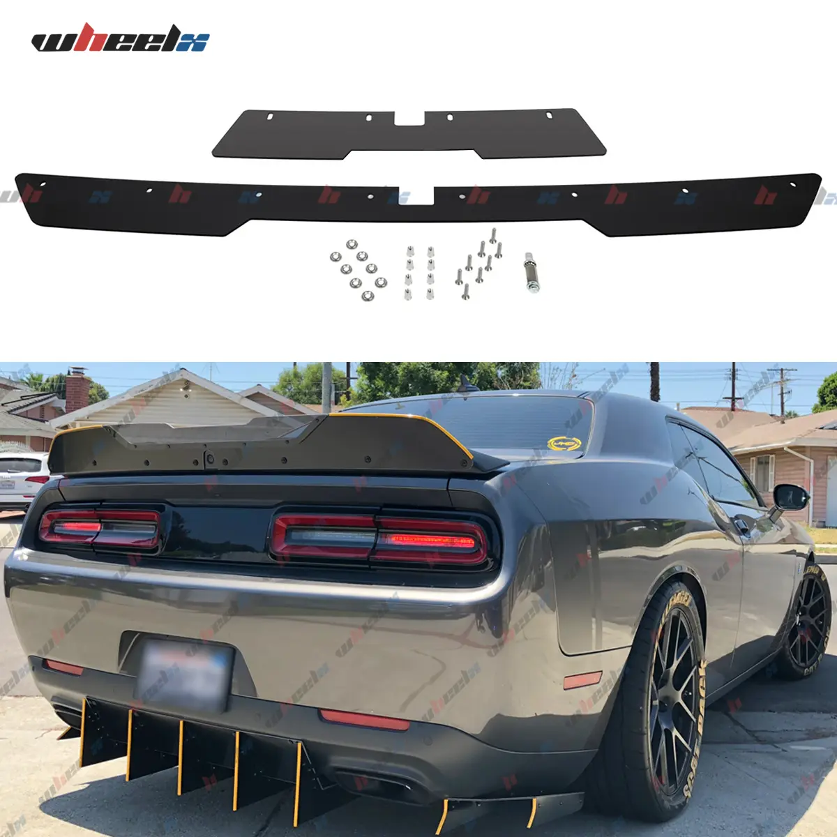 2015-2023 Dodge Challenger R/T & SRT Models - Rear Trunk Spoiler Kit, Smoke Black 2-Piece Spoiler with Camera Cutout , Non-Slip Trunk Lid Lip