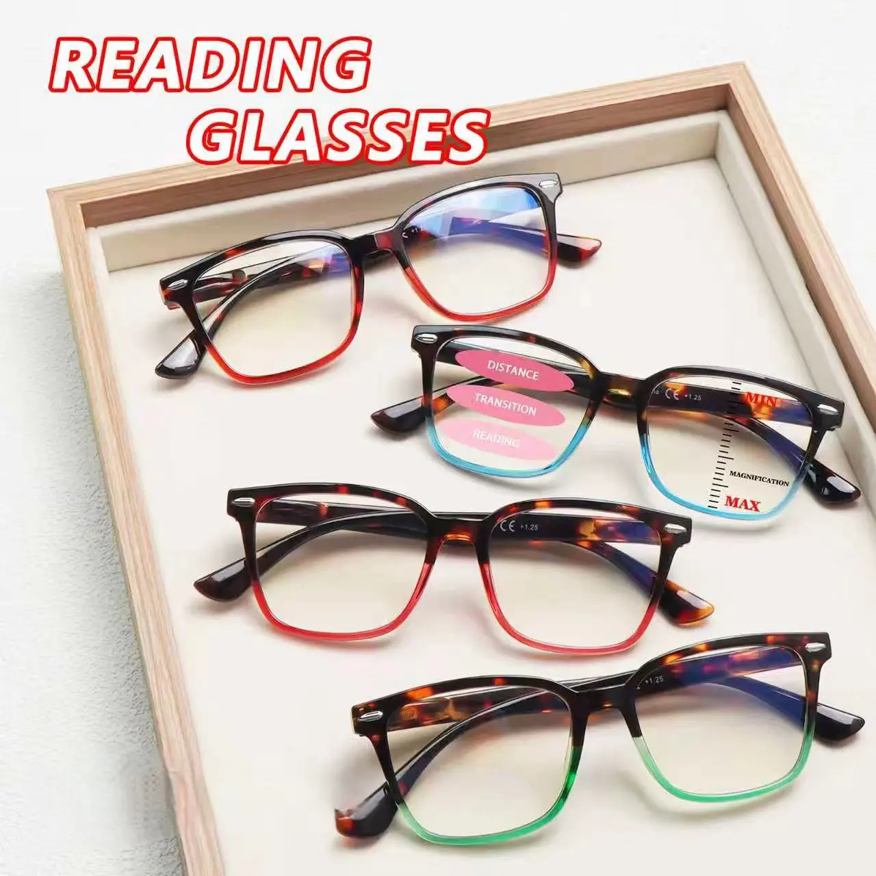4-Pack Printed Progressive Multifocal Reading Glasses with A Rectangular Full-rim Plastic Frame, featuring sturdy spring-loaded metal hinges and a design that blends European and American fashion styles. The perfect choice for everyday reading.