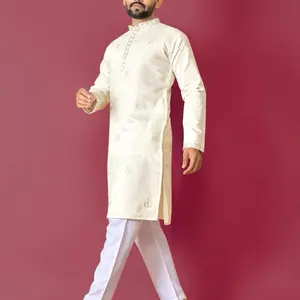 ATTRACTIVE ROMAN SILK VAL-MOTI HAND WORK KURTA PAYJAMA for Men's Traditional Wear