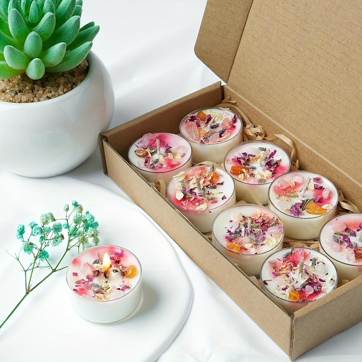 12-piece set of crystal tea candles with 4 scents, soy wax aromatherapy candles, handmade crystal dried flower decorations, home fragrance, great gift. Includes a mix of 4 different scents, suitable as a gift for any candle lover decor