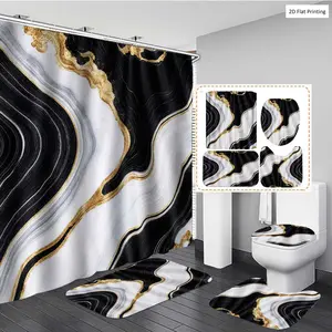 1/3/4PCS BLACK WHITE AND GOLD MARBLE STYLE FABRIC Shower Curtain Set with Rugs, Non Slip Bath Mat, U-Shape Carpet, Toilet Lid Cover, Polyester Fabric Bathtub Curtain Accessories, 12 Hooks, Home Bathroom Festiva Shower Curtain Rod